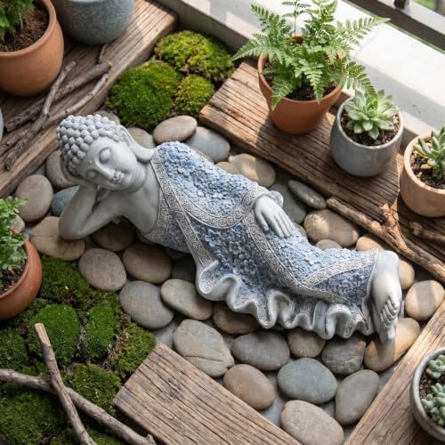 29" Reclining Buddha Statue, Vintage Blue Porcelain Pattern Resin Buddha Sculpture, Zen Meditation Decor Figurine for Asian Home, Tea Room, Bedroom, Altar Table & Indoor Display - Image 6