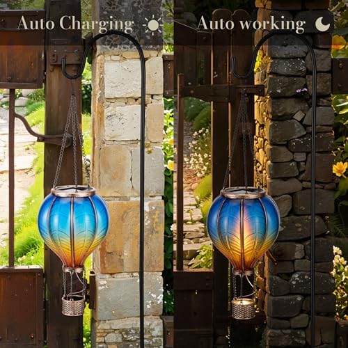 TERESA'S COLLECTIONS 2 Pack Hanging Solar Lantern Outdoor Garden Decor for Valentine,Waterproof Plastic Hot Air Balloon Blue Flickering Flame Effect Lantern for Yard Tree,Gift for Mom,18" - Image 5