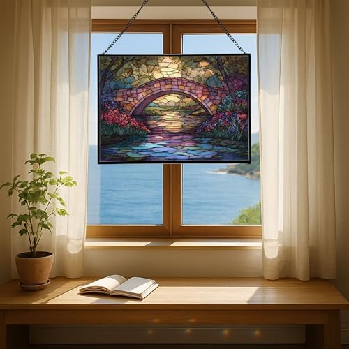 Rainbow Bridge Over Meadow Stream Rectangular Stained Glass Suncatcher – Hanging Window Panel with Animal & Nature Scene – Vibrant Glass Art Gift for Wildlife, Fantasy, Nature Lovers wL1my9 - Image 6