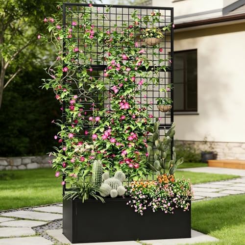 Privacy Planters for Patio – Metal Raised Garden Bed with Trellis and Privacy Screen, 71" x 35" x 16" Planter Box with Drainage Holes for Climbing Plants, Vegetables, and Vines, Outdoor Backyard Black by HOLCEPZN