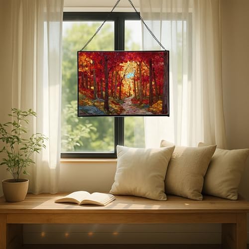 Path Through Glowing Autumn Forest Rectangular Stained Glass Suncatcher – Hanging Window Panel with Animal & Nature Scene – Vibrant Glass Art Gift for Wildlife, Fantasy, Nature Lovers s7FLYi - Image 7