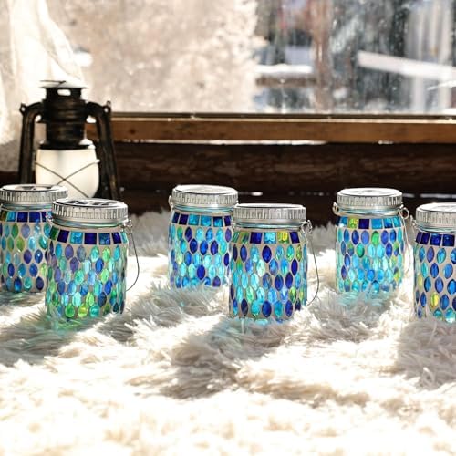 Cooo 4 Pack Mosaic Solar Lantern and 2 Pack Heavy Iridescent Crackle Glass Solar Lantern - Image 2