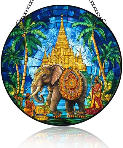 Elephant Stained Glass Suncatcher Thailand Temple Handmade Window Hangings Colored Glass Suncatcher Crafts Kits for Home Decor Gift for Wife Friend Family 9.84x9.84 Inch by Unknown