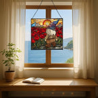 Gnome with Poppy Field Stained Glass Suncatcher – Square Hanging Window Panel for Home or Greenhouse – Whimsical Glass Art Gift for Garden Lovers, Christmas, Halloween, Father Days hLqq7K - Image 6