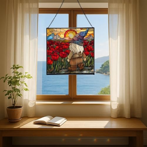Gnome with Poppy Field Stained Glass Suncatcher – Square Hanging Window Panel for Home or Greenhouse – Whimsical Glass Art Gift for Garden Lovers, Christmas, Halloween, Father Days hLqq7K - Image 6