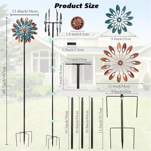 VEWOGARDEN 360° Outdoor Metal Wind Spinners Kinetic Wind Sculptures & Spinners for Yard Garden Lawn Patio Decorations, Blue & Bronze - Image 3