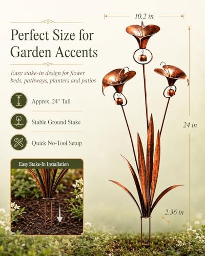 Flamed Copper Three Calla Lilies Garden Stake with Bells, 24 Inch Metal Flower Yard Art Decor, Handmade Rain Catcher Sculpture, Rustic Wind Chime Ornament for Patio Lawn Backyard Gift Idea - Image 5