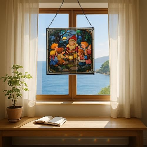 Gnome Storyteller Stained Glass Suncatcher – Square Hanging Window Panel for Home, Garden, Nursery, Halloween, Christmas, Memorial Day – Whimsical Glass Art Gift for Gnome Lovers fnnzk7 - Image 6
