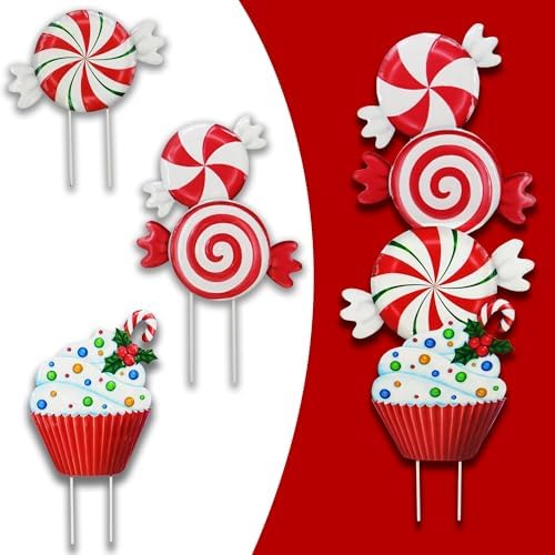 3 Pack Metal Christmas Yard Signs Decor for Multiple Stacked,Voumsil Christmas Yard Stakes with Candy Fall Yard Decor for Outside Garden Yard Lawn Porch by Voumsil