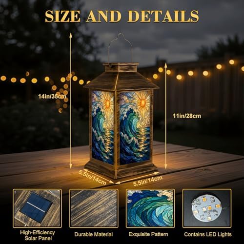 Solar Lantern Outdoor Waterproof Stained Glass Wave Sun Artwork Turquoise Gold Details Garden Decor LED Hanging Solar Lights Tabletop Lamp Gifts for Women Mom Outside Yard Patio Porch - Image 2