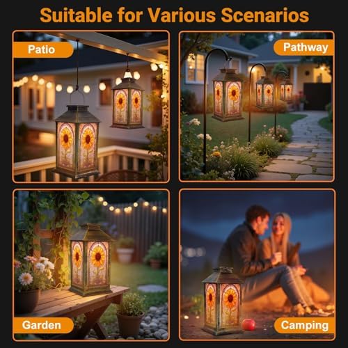 Stained Glass Style Solar Lantern Outdoor Garden Hanging Lantern Vintage Floral Stained Glass Window Design Yellow Orange Waterproof Solar Powered Lighting Outside Table Lamp for Patio Deck Yard - Image 5