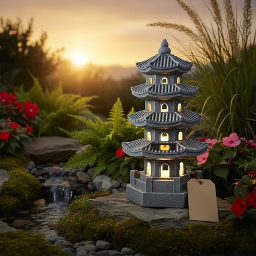 Pagoda Garden Statue Solar Powered Pagoda Lantern Resin Outdoor Zen Japanese Garden Decor for Balcony, Patio, Porch, Yard 11.4x4.7x4.7 inch Grey - Image 5