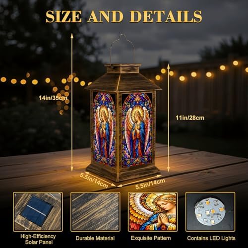 Solar Lantern Vibrant Stained Glass Art Praying Angel Garden Hanging Lantern Waterproof Solar Powered Lighting Outdoor Table Lamp for Patio Yard Memorial Gifts Grave Decorations for Cemetery - Image 5
