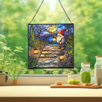Lantern Path Gnome Stained Glass Suncatcher – Square Hanging Window Panel for Home or Greenhouse – Whimsical Glass Art Gift for Garden Lovers, Christmas, Halloween, Father Days Hw8NZS - Image 2