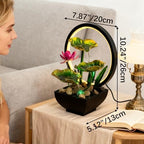 AOZITA Tabletop Fountain, Indoor Waterfall Fountain, Small Home Décor Zen Relaxation Soothing Sound Machine for Office, Living Room, or Bedroom, Green Metal Lotus with Flower, River Rocks, Round LED - Image 2
