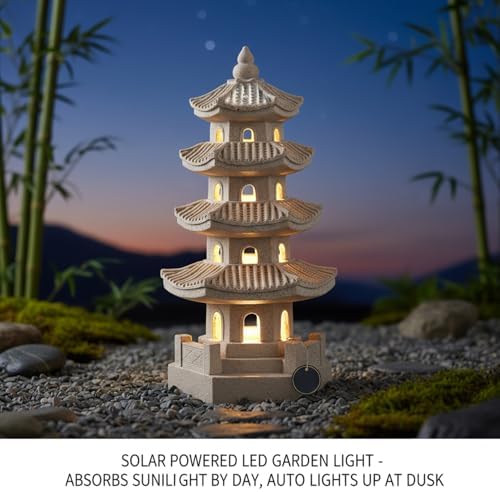 Pagoda Garden Statue Solar Powered Pagoda Lantern Resin Outdoor Zen Japanese Garden Decor for Balcony, Patio, Porch, Yard 11.4x4.7x4.7 inch Khaki, Statue - Image 5
