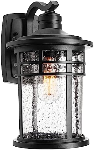 Darkaway Large Outdoor Porch Lights Wall Mount, 15inch Outdoor Light Fixtures Sconces Wall Lighting with Seeded Glass Exterior Lights for Patio Yard House Hallway Doorway Garage(Large, Black) by Darkaway