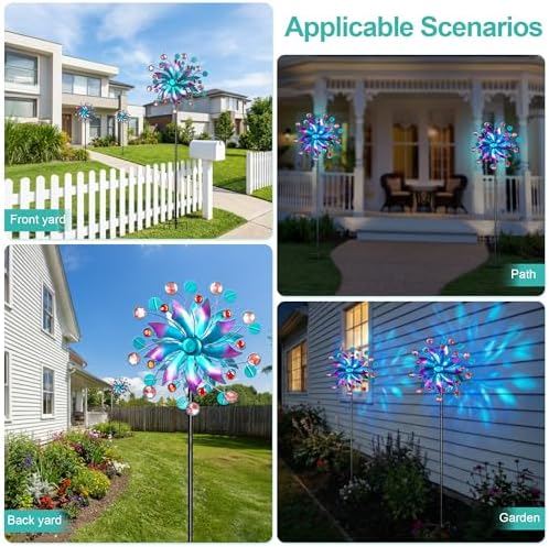 360°Solar Wind Spinner with Lights Blue Metal Garden Outdoor Decor Yard Lawn Art Decor for Patio Kinetic Windmills Unique Gifts for Friends and Family 60.63'' H x 13.38'' Dia - Image 5