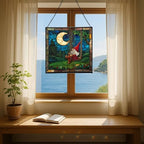 Moon Swinging Gnome Stained Glass Suncatcher – Square Hanging Window Panel for Home or Greenhouse – Whimsical Glass Art Gift for Garden Lovers, Christmas, Halloween, Father Days ngKsmH - Image 6