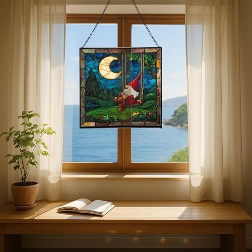 Moon Swinging Gnome Stained Glass Suncatcher – Square Hanging Window Panel for Home or Greenhouse – Whimsical Glass Art Gift for Garden Lovers, Christmas, Halloween, Father Days ngKsmH - Image 6