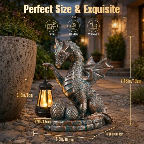 Solar Dragon Statue - Weatherproof Resin Dinosaur Figurine Holding Black Solar Lantern, Distressed Bronze Finished Dragon Decor with Egg for Outdoor Garden Yard Patio Pathway Balcony - Image 3