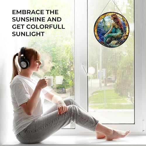Mermaid Stained Glass Window Hanging Window Suncatcher 12" Glass Panel with Metal Chain Sun Catchers Wall Art Home Decor Gift for Women Mother's Day (12”x12”) - Image 4