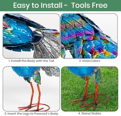 Peacock Yard Art Garden Decor Metal Peacock Outdoor Statue & Sculpture for Patio Lawn Backyard Decorations Vibrant Multicolor, Blue - Image 5