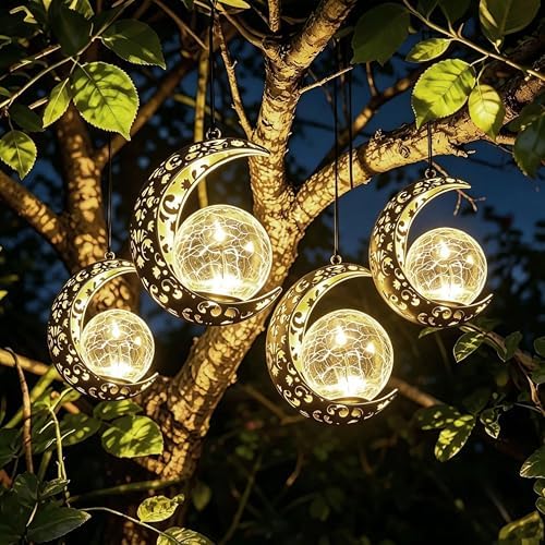 Solar Moon Hanging Backyard Lights, Outdoor Mandala Gold Decor Women Gifts by QCF