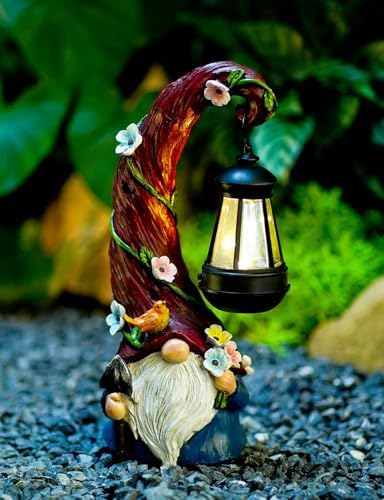 Pohabery Gnome Garden Decor Statue Solar Gnomes Decorations for Yard with Lantern Light Outdoor Decorations for Patio Mom Gift by Pohabery