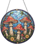 Mushroom Patch with Flowers in Stained Glass Suncatcher 9.8 Inch by Unknown