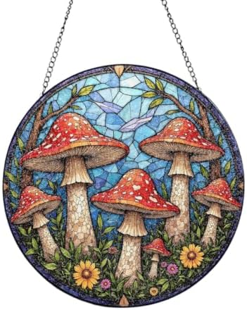 Mushroom Patch with Flowers in Stained Glass Suncatcher 9.8 Inch by Unknown