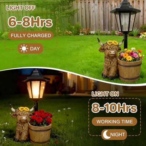 Highland Cow Garden Outdoor Statues with Solar Lights and Flowerpot Decor Animal Figurines Sculptures Resin Outdoor Statues for Patio Yard Lawn Balcony Mom Grandma Gifts - Image 5