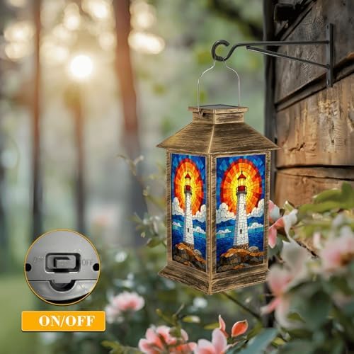Solar Lantern Outdoor Waterproof Stained Glass Lighthouse Radiant Sunset Ocean Waves Garden Decor LED Hanging Solar Lights Tabletop Lamp Gifts for Women Mom Outside Yard Patio Porch - Image 5