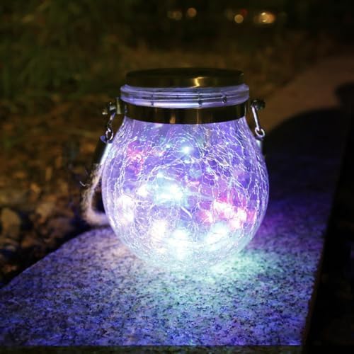 Solar Hanging Mason Jar Lights - Cracked Glass 30 LED Fairy Firefly Lantern String Lights, Outdoor Waterproof Patio Porch Garden Yard Balcony Lawn Wall Lighting Decor - Image 4