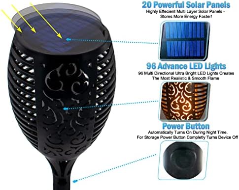 Solar Tiki Outdoor LED Torch Lights - 96 LEDs Realistic Flickering Flames Pathway Lights - Waterproof Outside Decoration For Backyard Yard Landscape - Auto On/Off for Garden, Driveway, Patio (4 Pack) - Image 5