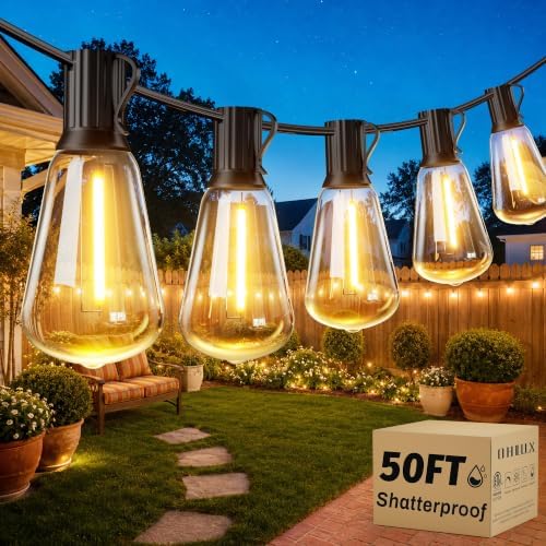 OHLUX Bistro String Lights Outdoor, 50FT Deck Lights with 22 Shatterproof ST38 Vintage Edison Bulbs, 2200K Warm Dimmable Connectable LED Light String for Outside Porch Yard Gazebos Balcony Garden by OHLUX-YourIndoorOutdoorSpaceLightingPartner