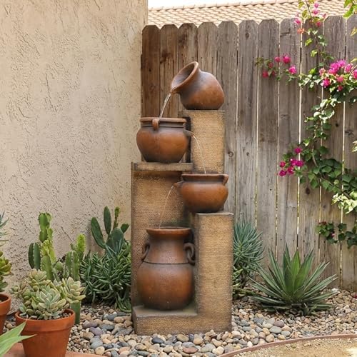 Bumilgar 53" H Patio Water Fountain - The 4 Cascading Modern Feature Crocks Garden Fountains and Waterfalls with Warm Lights for Porch, Deck, Patio, Backyard Home Décor (Gold) - Image 6