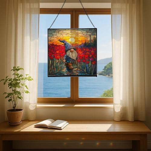 Gnome with Poppy Field Stained Glass Suncatcher – Square Hanging Window Panel for Home or Greenhouse – Whimsical Glass Art Gift for Garden Lovers, Christmas, Halloween, Father Days 6JfMPN - Image 6