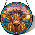9.84 Inch Stained Glass Highland Cow Suncatcher Floral Cattle Window Hanging for Home Decor Unique Gift for Mom Birthday Present Farmhouse Art Ornament for Wall Patio by Unknown