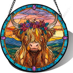 9.84 Inch Stained Glass Highland Cow Suncatcher Floral Cattle Window Hanging for Home Decor Unique Gift for Mom Birthday Present Farmhouse Art Ornament for Wall Patio by Unknown