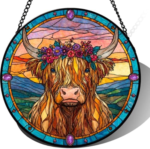 9.84 Inch Stained Glass Highland Cow Suncatcher Floral Cattle Window Hanging for Home Decor Unique Gift for Mom Birthday Present Farmhouse Art Ornament for Wall Patio by Unknown