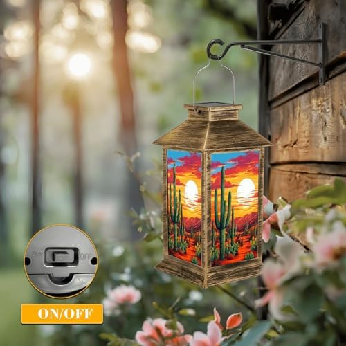Solar Lantern Outdoor Waterproof Desert Sunset Landscape Saguaro Vibrant Sky Garden Decor LED Hanging Solar Lights Tabletop Lamp Gifts for Women Mom Outside Yard Patio Porch - Image 5
