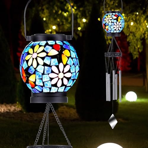 VOREEN Solar Wind Chimes with Gentle Chime Sound, Blue Mosaic Glass Lantern for Outdoor, Calming Night Glow & Relaxing Breeze Melody, Waterproof Porch Yard Garden Decor, Memorial & Sympathy Gift by VOREEN