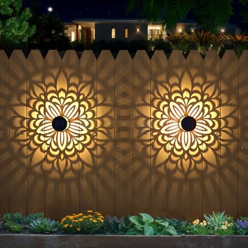 4 Pack Solar Fence Lights Metal Solar Powered Outdoor Wall Deck Step Lights Mandala Theme Waterproof Fence Light for Garden Post Patio Backyard Yard Decor, Gardening Gifts for Women Mom Grandma by twinkya