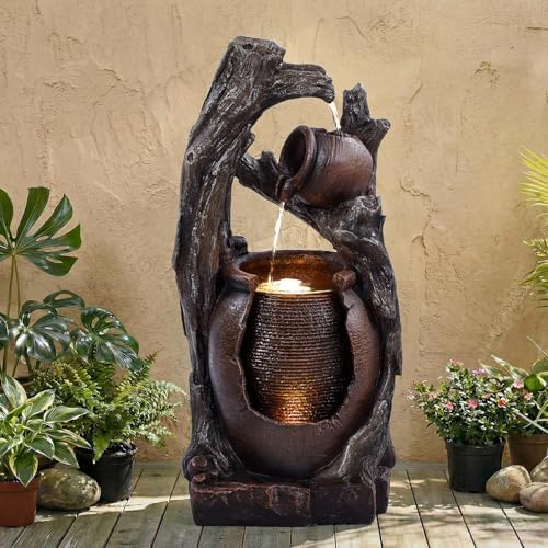 Jocoevol 32" H Outdoor Water Fountain, 2-Tiers Clay Pot Waterfall Fountain by JOCOEVOL