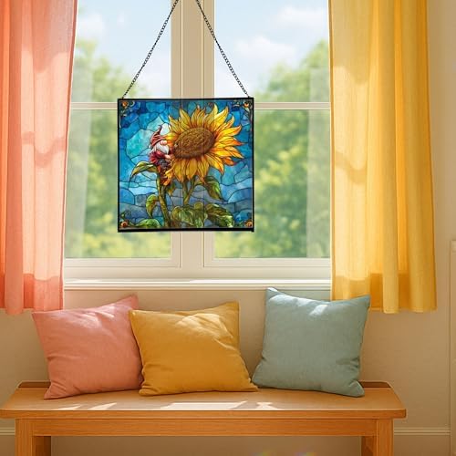 Sunflower Climb Gnome Stained Glass Suncatcher – Square Hanging Window Panel for Home or Greenhouse – Whimsical Glass Art Gift for Garden Lovers, Christmas, Halloween, Father Days PWjhXc - Image 5