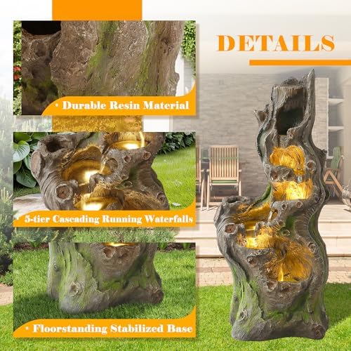 Outdoor Water Fountain, 40" H Tree Trunk Fountain with 5 Waterfalls, 6 Tiers Cascading Garden Water Feature with LED Lights, Featured Pump Access Door for Patio Lawn Yard - Image 2