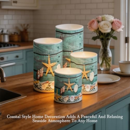 Flameless Light Candles Battery Operated Candles with Color Changing Timer Remote Control Fake Pillar Candle Tealights Home Indoor Beach Coastal Decoration, Starfish Shell Wood Grain - Image 4
