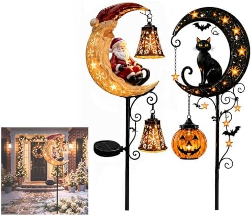 Solar Halloween Black Cat & Pumpkin Moon Garden Stake Light,2-in-1 Waterproof Outdoor LED Yard Decor with Hanging Lantern,Auto Dusk-to-Dawn Lawn Ornament for Pathway,Patio, Walkway (Color-Q-2PCS) by HZSprance
