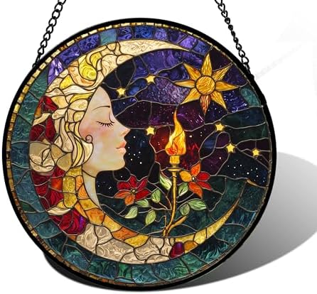 Moon Goddess and Rose Stained Glass Window Hanging Suncatcher Gifts 9.8" by DASTOLL